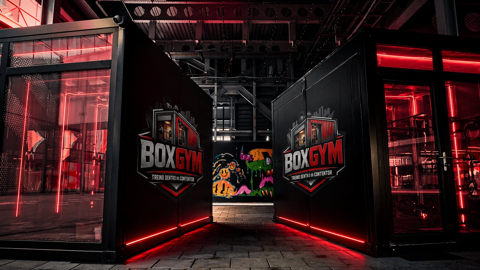 Exterior BoxGym — contentor com néons vermelhos